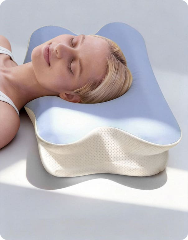 Person relaxing with head supported by a contoured pillow