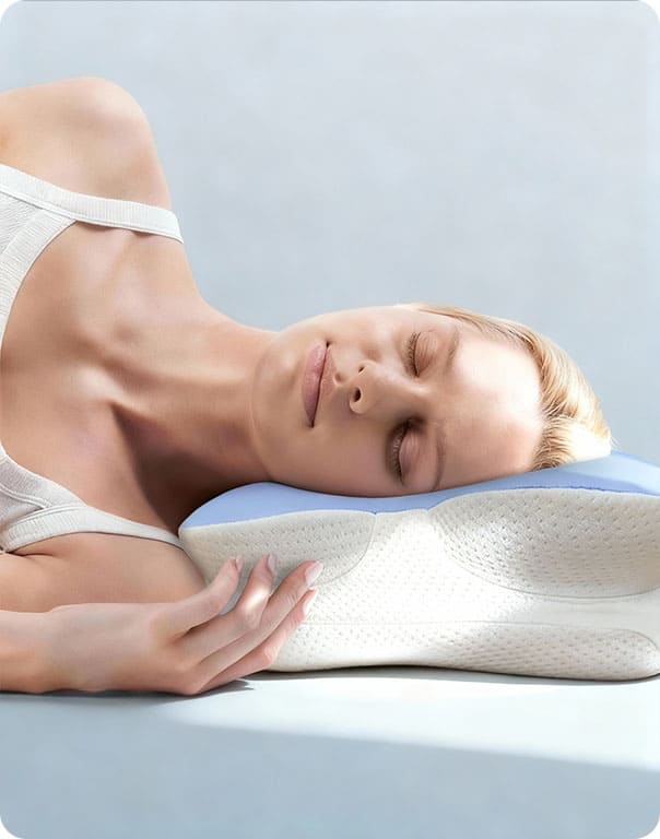 Woman resting comfortably on a blue ergonomic pillow