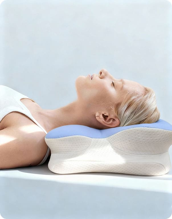 Person resting on a blue and cream ergonomic pillow